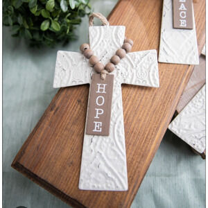 Embossed Metal Cross Hope Christmas Ornament Wooden Bead Holiday Farmhouse White